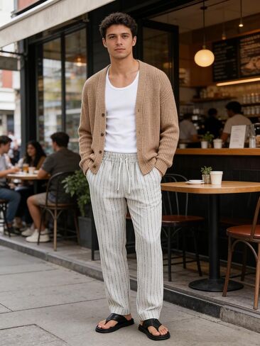 Men's Striped Linen Blend Pants, Elastic Drawstring Relaxed Fit Summer Beachwear Casual Trousers in Kuwait
