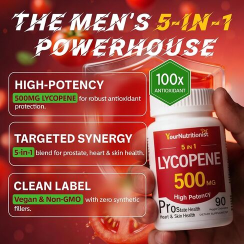 Lycopene 500MG & Prostate Supplement for Men 5-in-1 | Supports Heart & Skin Health， with Saw Palmetto Berry Extract, Pumpkin Seed Oil, Zinc & Selenium | Vegan, Non-GMO, 90 Capsules in Saudi Arabia