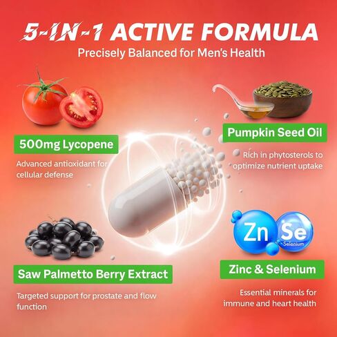 Lycopene 500MG & Prostate Supplement for Men 5-in-1 | Supports Heart & Skin Health， with Saw Palmetto Berry Extract, Pumpkin Seed Oil, Zinc & Selenium | Vegan, Non-GMO, 90 Capsules in Saudi Arabia