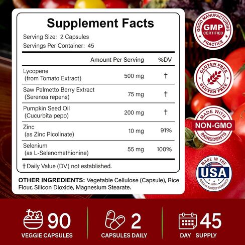 Lycopene 500MG & Prostate Supplement for Men 5-in-1 | Supports Heart & Skin Health， with Saw Palmetto Berry Extract, Pumpkin Seed Oil, Zinc & Selenium | Vegan, Non-GMO, 90 Capsules in Saudi Arabia