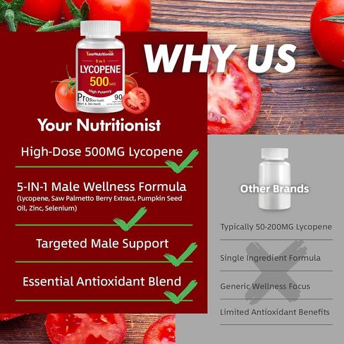Lycopene 500MG & Prostate Supplement for Men 5-in-1 | Supports Heart & Skin Health， with Saw Palmetto Berry Extract, Pumpkin Seed Oil, Zinc & Selenium | Vegan, Non-GMO, 90 Capsules in Saudi Arabia