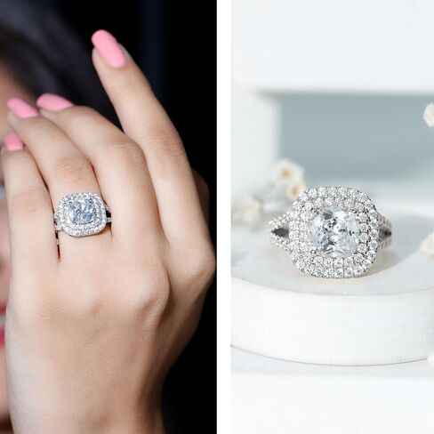 Certified 5 Carat CZ Diamond Engagement Ring in Silver, Aaaa Quality, Cubic Zirconia Double Halo Ring - Ready To Gift in Kuwait