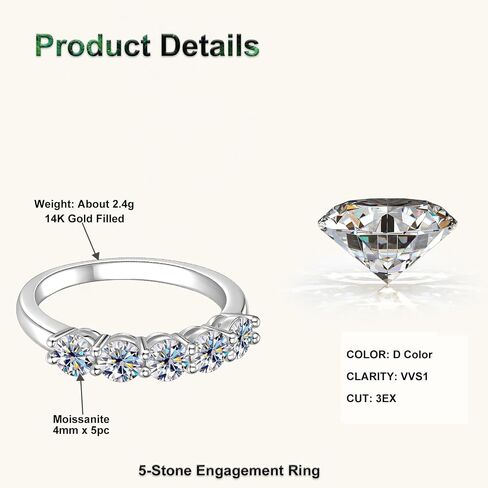 5-Stone Moissanite Engagement Ring, 1.5cttw D Color VVS1 Clarity, 14K Gold Filled 5 Stone Anniversary Rings for Women Wife Mom Birthday Jewelry Gifts in Kuwait