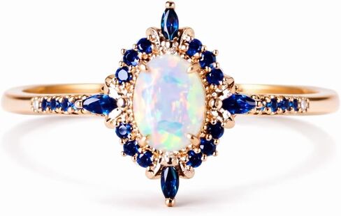 Opal Halo Ring for Women, Oval Opal Engagement Ring with Blue Sapphire Accents, Vintage Gold Promise Ring in Saudi Arabia