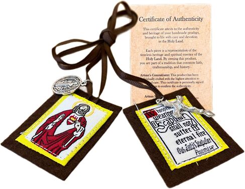 The Original Brown Scapular of Our Lady of Mount Carmel, Handmade and Blessed in the Holy Land (Haifa), Sign of Salvation Catholic Necklace with Certificate of Authenticity in Saudi Arabia