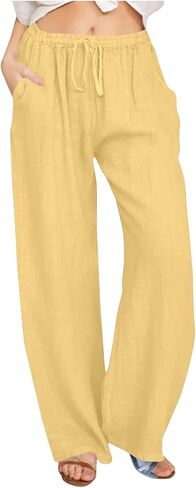 Womens Cotton Linen Palazzo Pants Wide Leg High Waisted Loose Fit Beach Vacation Pants Trousers with Pockets in Saudi Arabia
