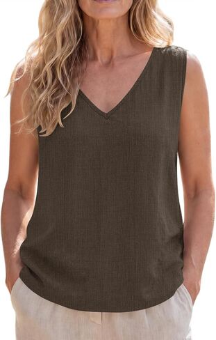 SVALIY Viscose Linen Tops for Women Tank Top Summer Loose V Neck Sleeveless Shirts 2026 Vacation Beach Outfits Trendy in Kuwait