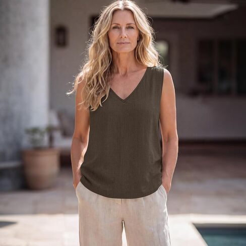 SVALIY Viscose Linen Tops for Women Tank Top Summer Loose V Neck Sleeveless Shirts 2026 Vacation Beach Outfits Trendy in Kuwait