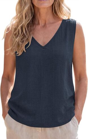 SVALIY Viscose Linen Tops for Women Tank Top Summer Loose V Neck Sleeveless Shirts 2026 Vacation Beach Outfits Trendy in Kuwait