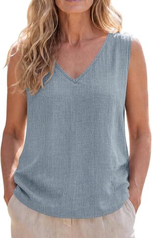 SVALIY Viscose Linen Tops for Women Tank Top Summer Loose V Neck Sleeveless Shirts 2026 Vacation Beach Outfits Trendy in Kuwait