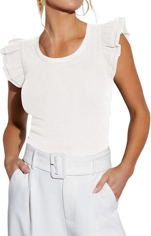 Dressmine Women Summer Ruffle Tops Sexy Square Neck Short Sleeve Shirts 2026 Trendy Casual Ribbed Knit Tees Blouse T-Shirts in Saudi Arabia