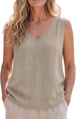 SVALIY Viscose Linen Tops for Women Tank Top Summer Loose V Neck Sleeveless Shirts 2026 Vacation Beach Outfits Trendy in Kuwait
