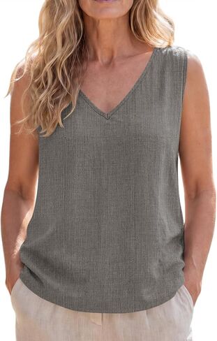 SVALIY Viscose Linen Tops for Women Tank Top Summer Loose V Neck Sleeveless Shirts 2026 Vacation Beach Outfits Trendy in Kuwait
