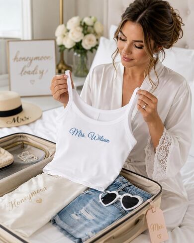 Custom Mrs Script Embroidered Tank Top Bride Last Name Cami - Bridal Shower Party, Bachelorette Newlywed Wedding Gift in Saudi Arabia