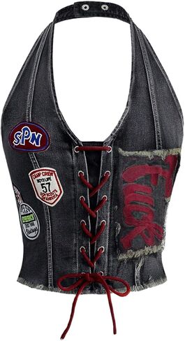 WDIRARA Women's Embroidered Lace Up Denim Halter Top Y2k Smocked Backless Tank Crop Tops in Saudi Arabia