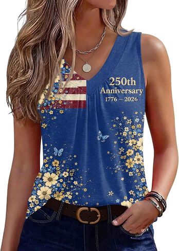America Anniversay Tank Top Womens Sleeveless Shirts Letter Printed Celebrate Memorial Day 1776-2026 tee, S-2XL in Kuwait