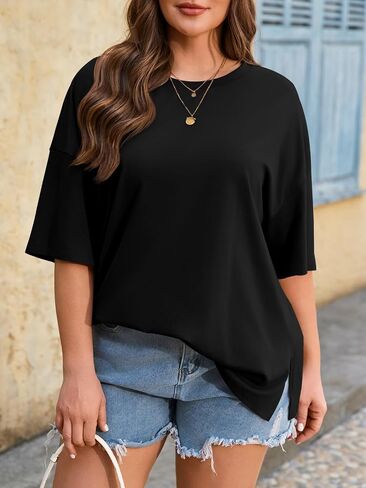 Beautife Womens Plus Size T Shirts Summer Short Sleeve Crew Neck Casual Loose Fit Side Slit Tunic Tee Tops in Saudi Arabia