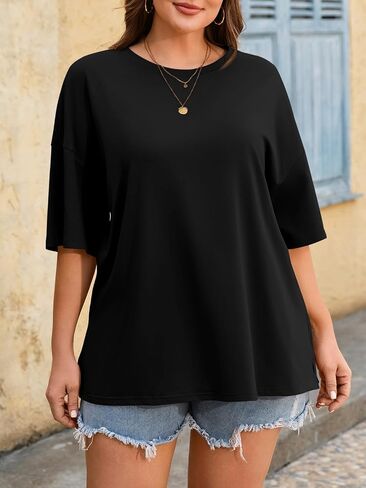 Beautife Womens Plus Size T Shirts Summer Short Sleeve Crew Neck Casual Loose Fit Side Slit Tunic Tee Tops in Saudi Arabia