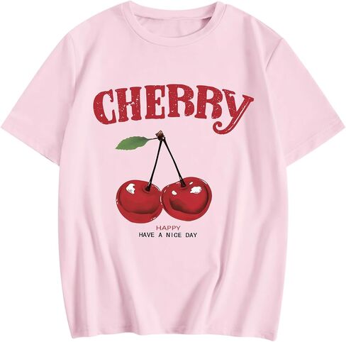 Bobeutou Cherry Shirt Women Fruit Graphic Printed Tshirt Vintage Tees Aesthetic Cute Preppy Cherries Shirts Casual Tops in Saudi Arabia
