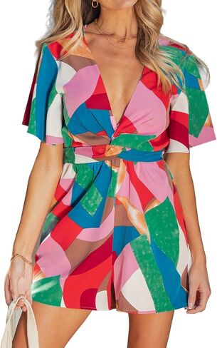 CUPSHE Women's Summer Vacation Short Romper Twist Knot V Neck Tie Back Rompers Short Sleeve Tropical Resort Beach Jumpsuits in Kuwait