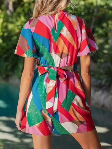 CUPSHE Women's Summer Vacation Short Romper Twist Knot V Neck Tie Back Rompers Short Sleeve Tropical Resort Beach Jumpsuits in Kuwait