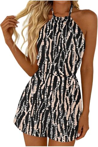 YRAETENM Rompers for Women Summer Halter Backless Dressy Jumjpsuits Casual Elastic High Waisted Romper Shorts with Pockets in Saudi Arabia