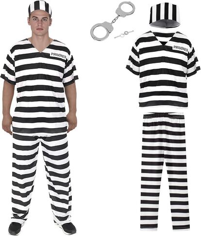 Prisoner Costume Adult Men Striped Prison Criminal Suit Halloween Jail Inmate Cosplay Outfit in Saudi Arabia