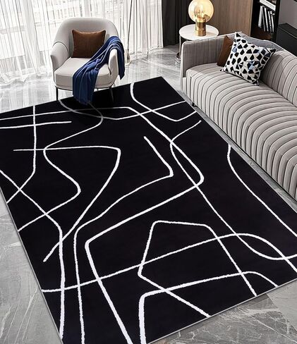 YIHOUSE 5x7 Washable Living Room Rug - Modern Abstract Black and White Area Rug Non-Slip for Bedroom Home Office (Curve, 5'x7'ft) in Saudi Arabia