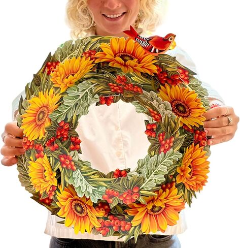 Freshcut Paper Pop Up Cards, Sunflower Paper Wreath, 15 Inch Life Sized Forever Flower Wreath 3D Popup Greeting Cards, Birthday Card, Get Well Gifts, Blank Notecard & Envelope in Saudi Arabia