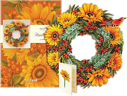 Freshcut Paper Pop Up Cards, Sunflower Paper Wreath, 15 Inch Life Sized Forever Flower Wreath 3D Popup Greeting Cards, Birthday Card, Get Well Gifts, Blank Notecard & Envelope in Saudi Arabia