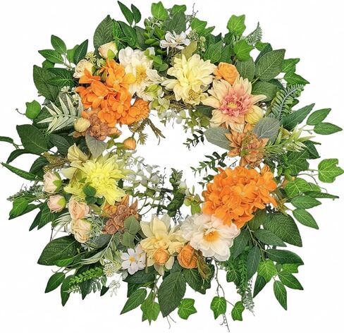26" White Rose Flower Wreath - Artificial Silk Dahlia Hydrangea Wreath for Front Door - Large Summer Wedding Wreath, Year-Round Modern Farmhouse Wall Decor, All-White in Saudi Arabia