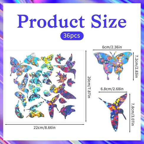 36pcs Window Decals for Anti-Collision Window Stickers Avoid Bird Strikes Windows Clings Rainbow Suncatcher Stickers for Glass and Doors Hummingbird Butterflies Leaf Feather Design Reusable in Kuwait