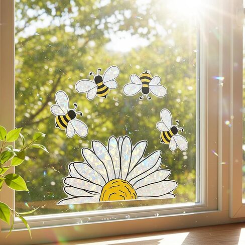 5 Pcs Spring Summer Bee Sunflower Window Stickers Shiny Rainbow Window Clings Double-Side Cute Glass Decals Reusable Prism Suncatcher for Display Mirror Glass Supplies Vinyl in Saudi Arabia