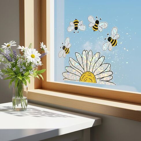 5 Pcs Spring Summer Bee Sunflower Window Stickers Shiny Rainbow Window Clings Double-Side Cute Glass Decals Reusable Prism Suncatcher for Display Mirror Glass Supplies Vinyl in Saudi Arabia