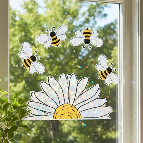 5 Pcs Spring Summer Bee Sunflower Window Stickers Shiny Rainbow Window Clings Double-Side Cute Glass Decals Reusable Prism Suncatcher for Display Mirror Glass Supplies Vinyl in Saudi Arabia
