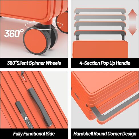 Zipperless Luggage Hard Side Carry On Luggage, Wide Handle Travel Suitcase, Airline Approved Checked Luggage with 360°Silent Spinner Wheels, TSA Lock, USB Charging Ports PC-24 inch Papaya Orange in Saudi Arabia