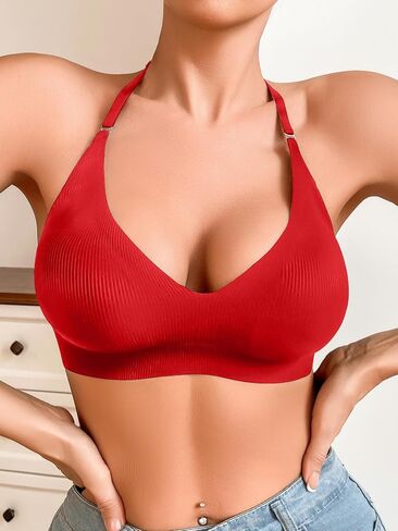 Women’s Halter Seamless Bra with Fixed Cups Ribbed Wireless Support Bralette for Everyday Wear in Kuwait