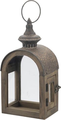 12" High Wooden Dome Lantern Made of Solid Fir Wood and Real Glass in Rustic Brown Finish with Rustic Metal Top, Hurricane Lantern, Farmhouse Lantern (1, Brown, Small) in Saudi Arabia