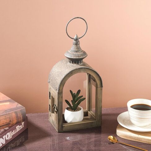 12" High Wooden Dome Lantern Made of Solid Fir Wood and Real Glass in Rustic Brown Finish with Rustic Metal Top, Hurricane Lantern, Farmhouse Lantern (1, Brown, Small) in Saudi Arabia