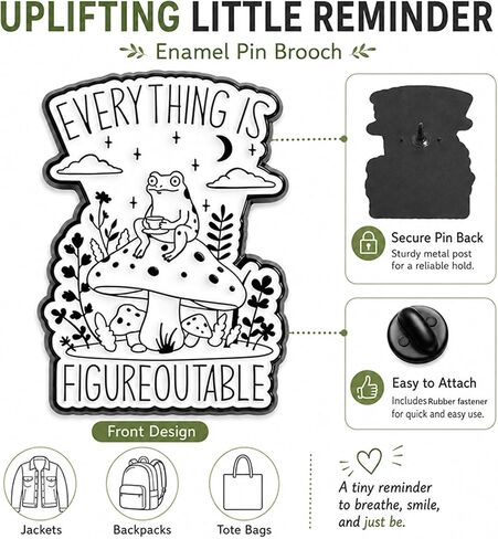 Frog Enamel Pin, Everything Is Figureoutable Mushroom Lapel Brooch | 1 Meta land enamel frog pin with an uplifting quote; a cute accent for jackets, backpacks, hats, totes and frog-lover gifts. in Saudi Arabia