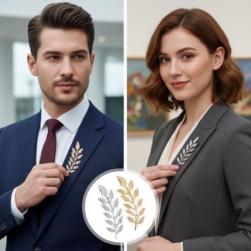 Hecila Gentlemen Suit Brooches Gold Silver Leaf Brooches 2Pair Simple Elegant Wheat Leaf Lapel Pin Retro Double Leafs Collar Pin Brooch Plant Leaves Brooch for Tuxedo Accessories Unisex Collar Jewelry in Kuwait