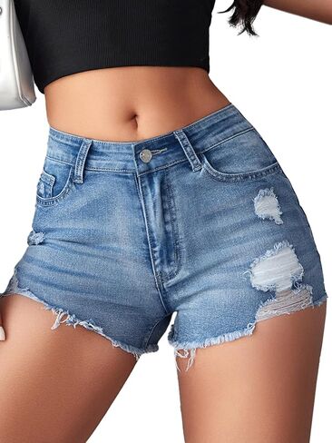 Jean Shorts for Women High Waisted Casual Ripped Denim Shorts Distressed Stretch Summer Jean Shorts Multi Pockets in Saudi Arabia