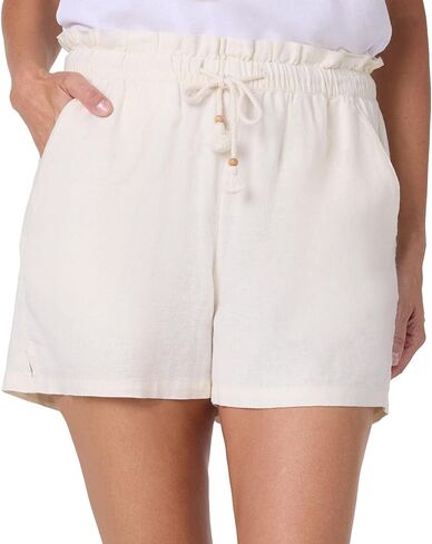 HANG TEN Women's Linen Blend Summer Shorts - Lightweight Casual Elastic Waist Shorts with Pockets - Relaxed Fit (Cream, M) in Saudi Arabia