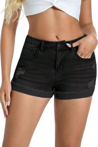 Women's Ripped Denim Shorts Stretchy Folded Hem Casual Summer Jorts in Saudi Arabia
