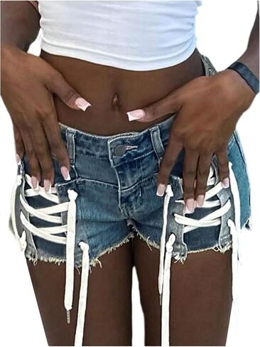 GORGLITTER Women's Lace Up Mini Jean Shorts Jorts Y2K Low Rise Distressed Music Festival Denim Shorts in Kuwait