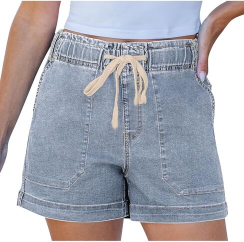 Women’s Jean Shorts High Waisted Elastic Waist Drawstring Stretch Denim Jorts Casual Shorts for Beach Vacation Everyday Wear in Kuwait