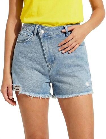 Jean Shorts for Women High Waisted Stretchy Crossover Jean Distressed Denim Ripped Frayed Raw Hem Summer Shorts in Kuwait