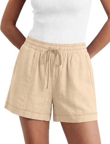 LOMON Women Linen Shorts Casual Summer Drawstring Shorts High Waisted Pull On Comfy with Pockets Apricot M in Kuwait