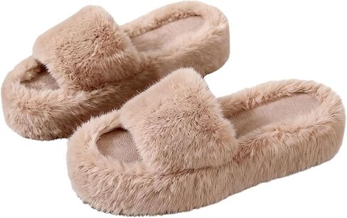 Fuzzy Platform Slippers for Women Open Toe Linen Sole Furry House Slides Non Slip Thick Bottom Indoor Outdoor Spa Shoes in Saudi Arabia
