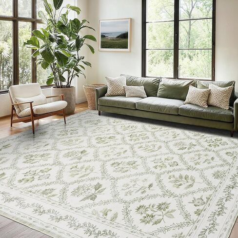 Olive Green Area Rug for Living Room 5x7 Decor Floral Area Rugs for Bedroom Dining Room Machine Washable Boho Vintage Farmhouse Floral Carpet, Hunter Green and Beige Cream in Saudi Arabia